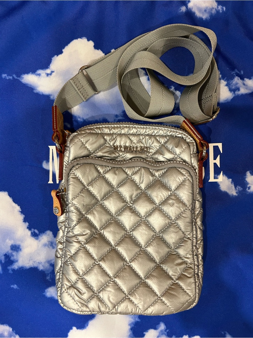 MZ Wallace Quilted Metallic Silver Crossbody Bag